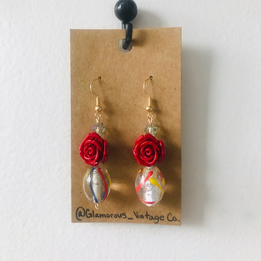 Red Rose Drop Down Earrings